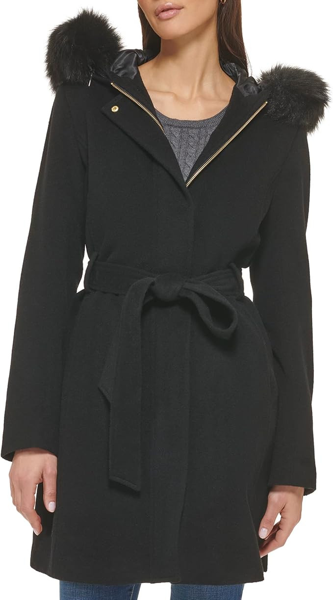 Cole Haan Womens Hooded Coat Slick Wool With Detatchable Faux Fur TrimDown Coat | Amazon (US)