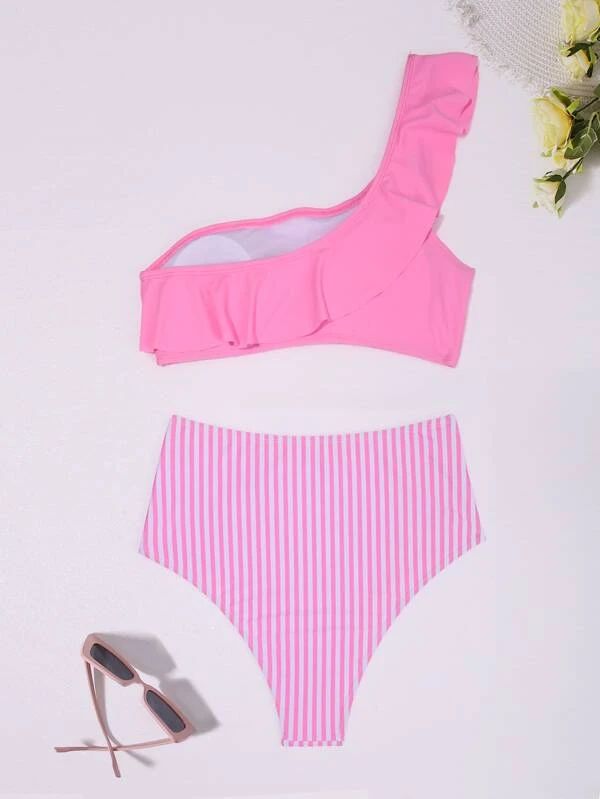 Striped Ruffle Trim One Shoulder High Waisted Bikini Swimsuit | SHEIN