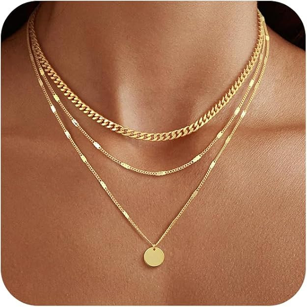 14K Gold Plated Layered Necklaces For Women Gold Necklace Set, Cuban Link, Snake Chain, Paperclip... | Amazon (US)