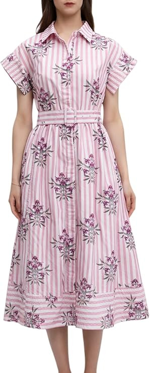 Women Summer Dresses 2025 Casual Wing Short Sleeve Button Down Midi Dress Floral Long Dress with ... | Amazon (US)