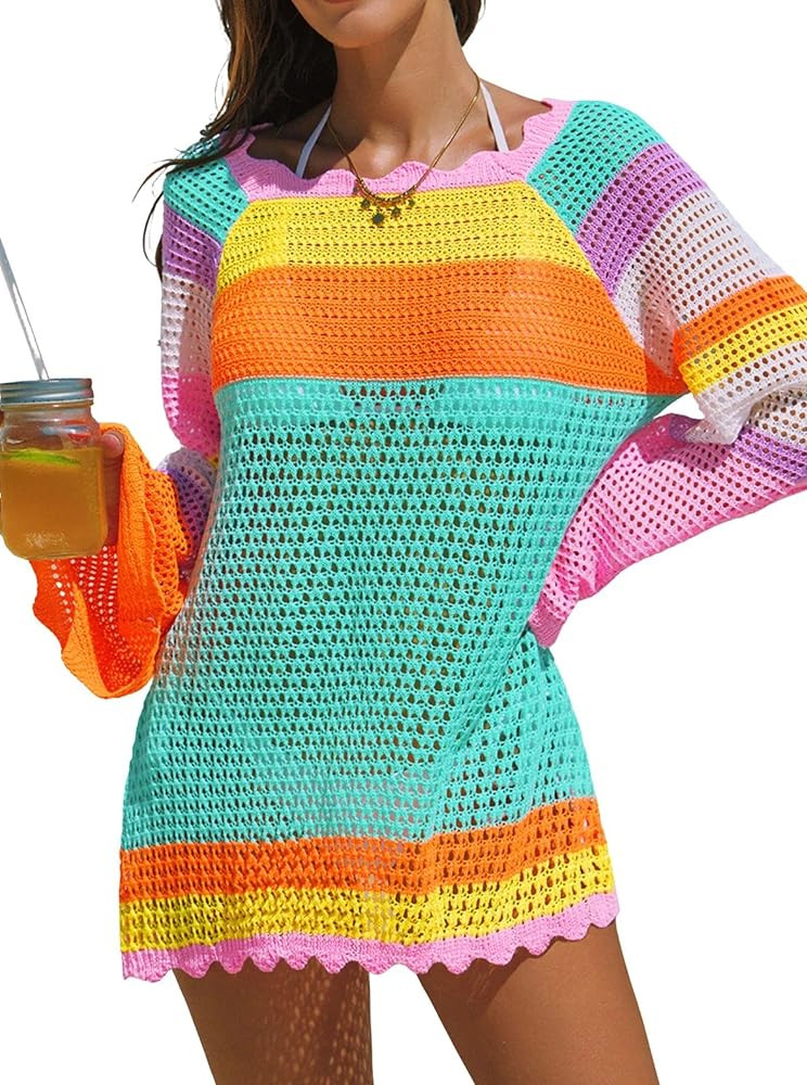 popvil Women’s Crochet Swimsuit Coverup Beach Bathing Suit Swimwear Long Sleeve Mesh Knit Color... | Amazon (US)