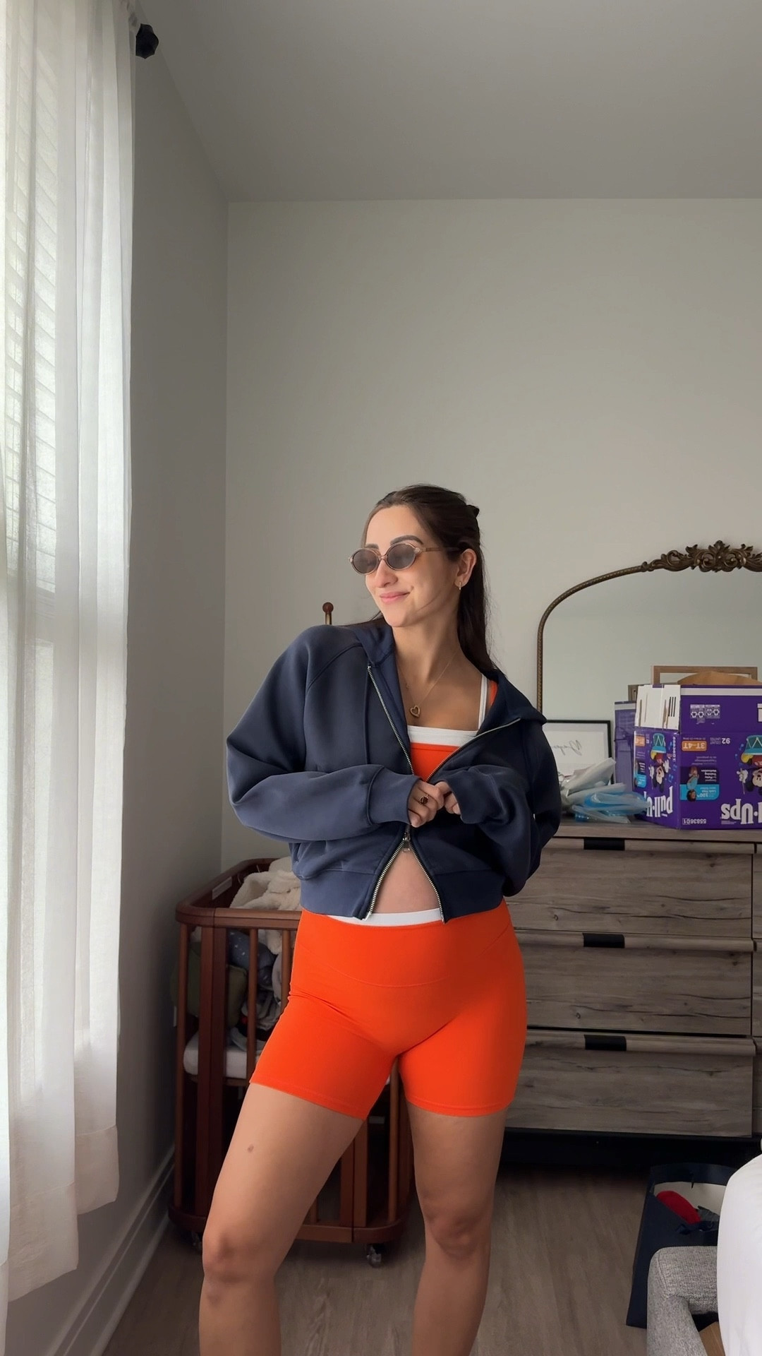 maternity bump-friendly outfit // matching athleisure set // bike shorts // layered sports bra // blue full zip hoodie 

wearing size XS top / S shorts / S hoodie 

#LTKPetite #LTKStyleTip #LTKBump
