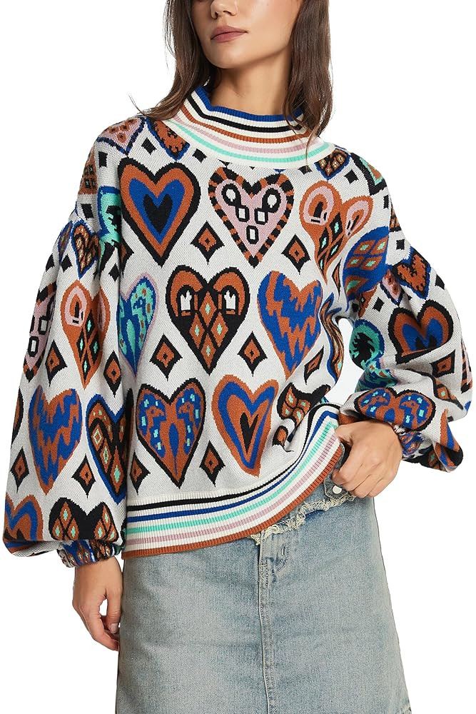 D-Sun Women Long Sleeve Printed Sweater Mock Neck Heart Printed Pullover Sweater Fashion Color Bl... | Amazon (US)