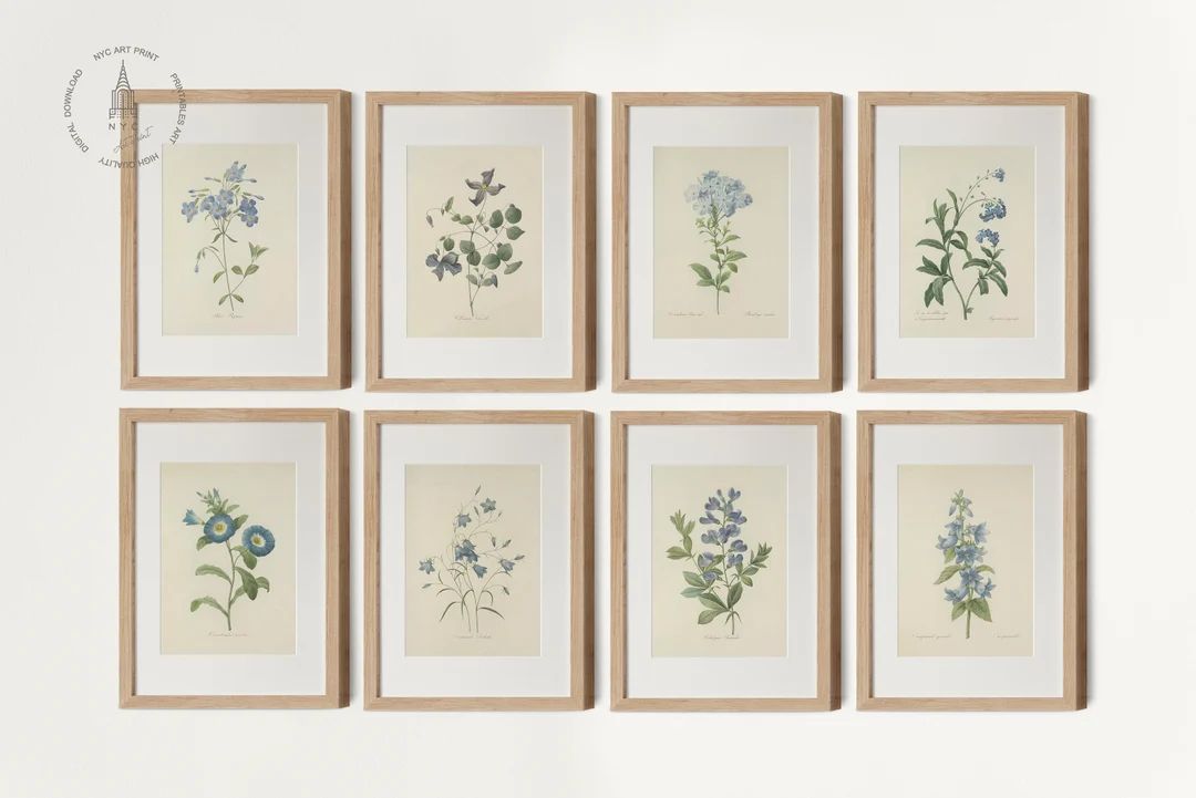 Vintage Blue Botanical Gallery Wall Set of 8, Blue Flower Art, Blue Floral Prints, French Country... | Etsy (US)