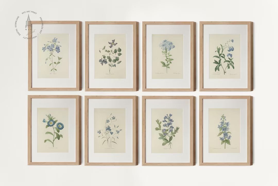 Vintage Blue Botanical Gallery Wall Set of 8, Blue Flower Art, Blue Floral Prints, French Country... | Etsy (US)