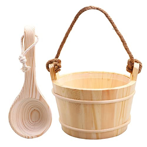KAKUNM Sauna Bucket and Ladle 5 Liter (1.3 Gallon), Sauna Bucket, Finnish Pine Wooden Spa Accessories with Handmade Sauna Water Bucket, Plastic Liner and Rope Handle | Amazon (US)