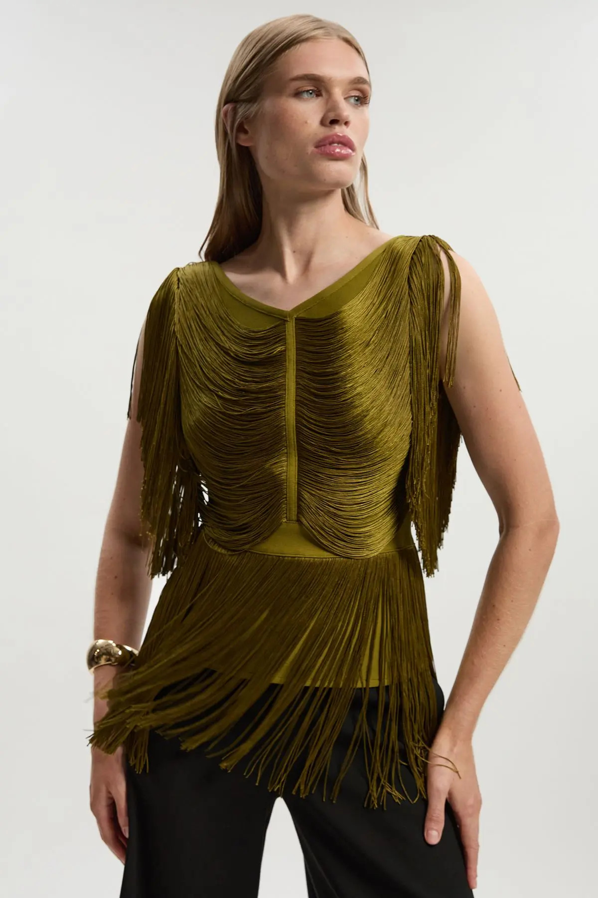 Karen Millen Draped Fringe Knitted Top in Chartreuse at Nordstrom, Size Small | Nordstrom