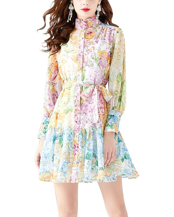 LAI MENG FIVE CATS Women's Long Puff Sleeve High Neck Floral Print Casual Swing Mini Dress | Amazon (US)