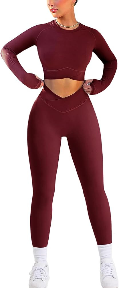 OZICERD 2 Piece Workout Sets for Women Gym Set Long Sleeve Crop Top Leggings Two Piece Matching W... | Amazon (US)