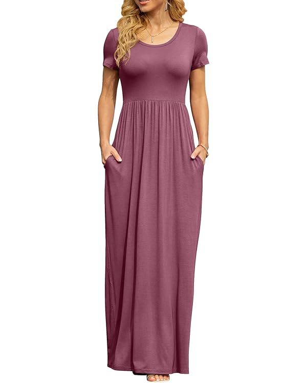 DB MOON Women's Short Sleeve Maxi Dresses Casual Empire Waist Long Dress with Pockets | Amazon (US)