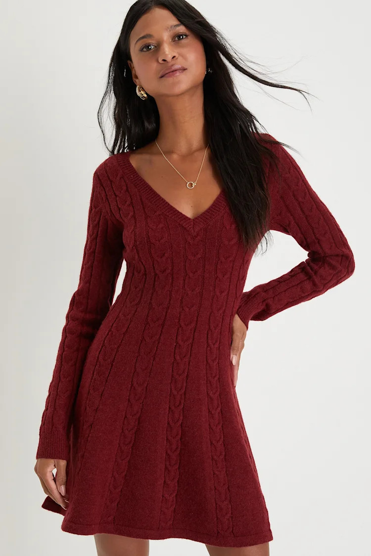 Sweetly Seasonal Burgundy Cable Knit Sweater Mini Dress | Lulus