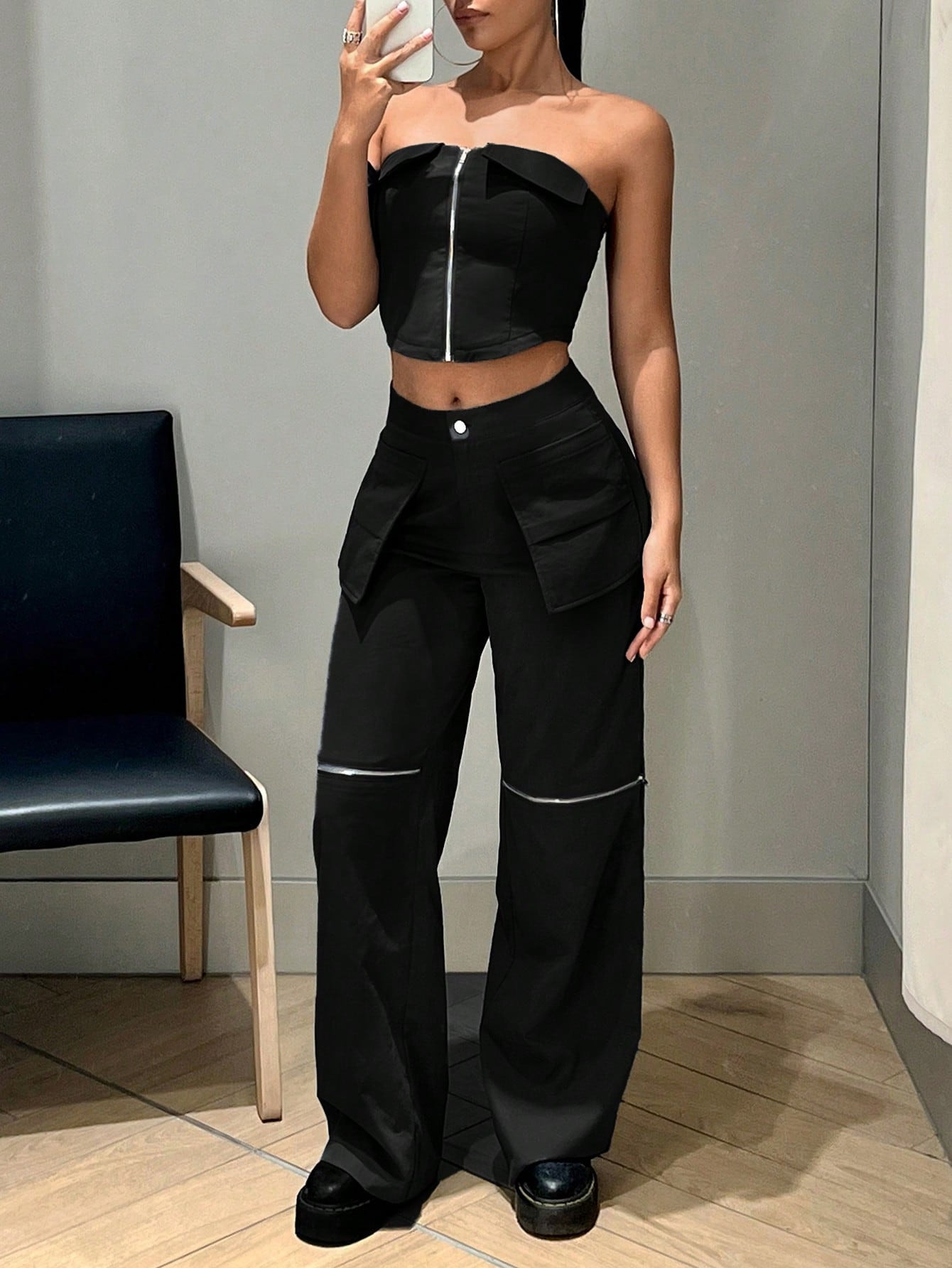 SHEIN ICON Zip Up Tube Top & Flap Pocket Pants | SHEIN