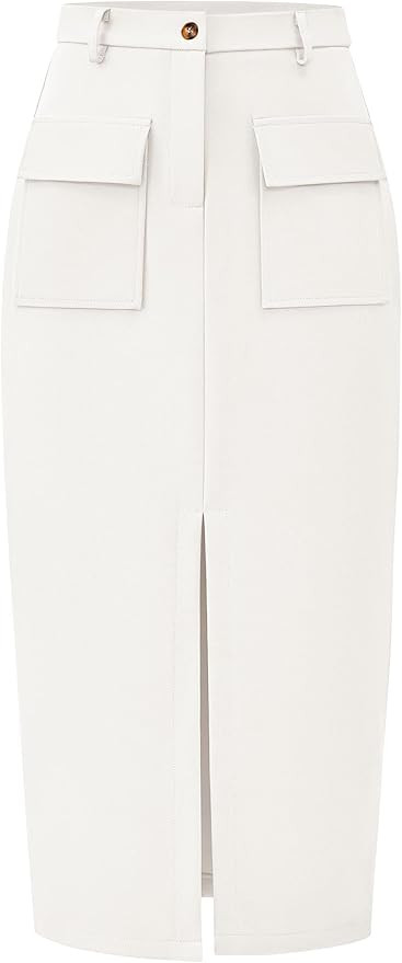 KIRUNDO Women High Waisted Cargo Midi Skirt Trendy Spring Summer Pencil Slit Dressy Casual Busine... | Amazon (US)