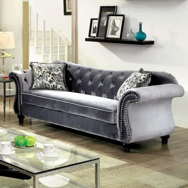 Tese Glam Fabric Upholstered Tufted Nailhead Trim Sofa by Furniture of America | Bed Bath & Beyond