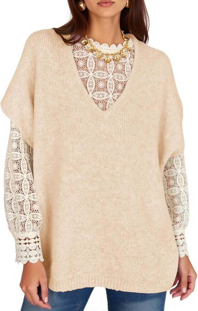 Yousify Womens Oversized Sweater Vest Batwing Short Sleeve V Neck Knit Tops Casual Loose Fit Pull... | Amazon (US)