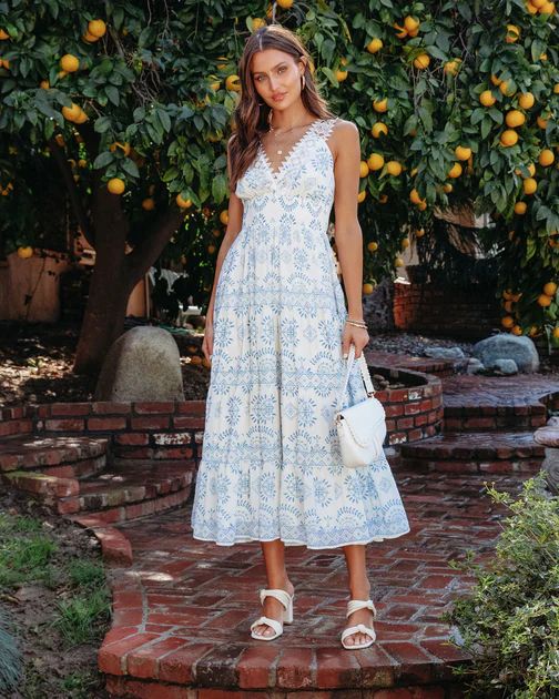 Afternoon In Mykonos Printed Crochet Lace Strap Maxi Dress | VICI Collection