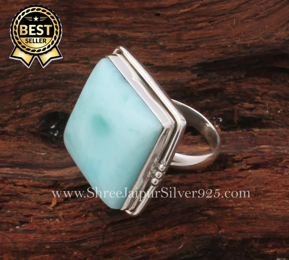 Natural Larimar Square Gemstone 925 Sterling Silver Ring for - Etsy | Etsy (US)
