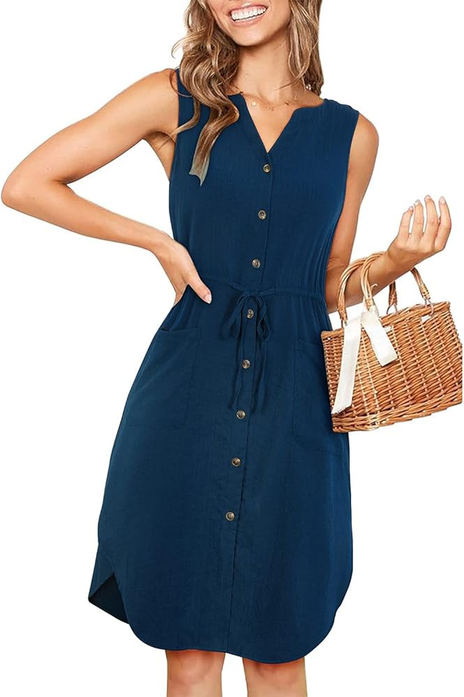 KILIG Women's Summer V Neck Sleeveless Button Down Elastic Casual Dress with Pockets | Amazon (US)