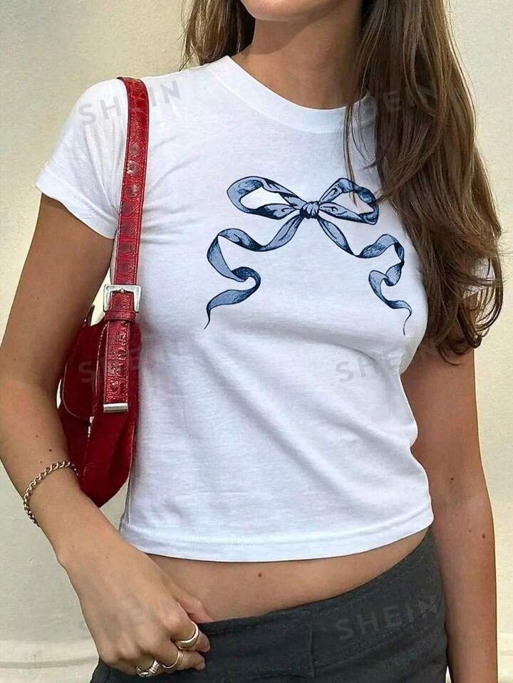 SHEIN EZwear Y2k Style Bowknot Print Short Sleeve Women's T-Shirt | SHEIN