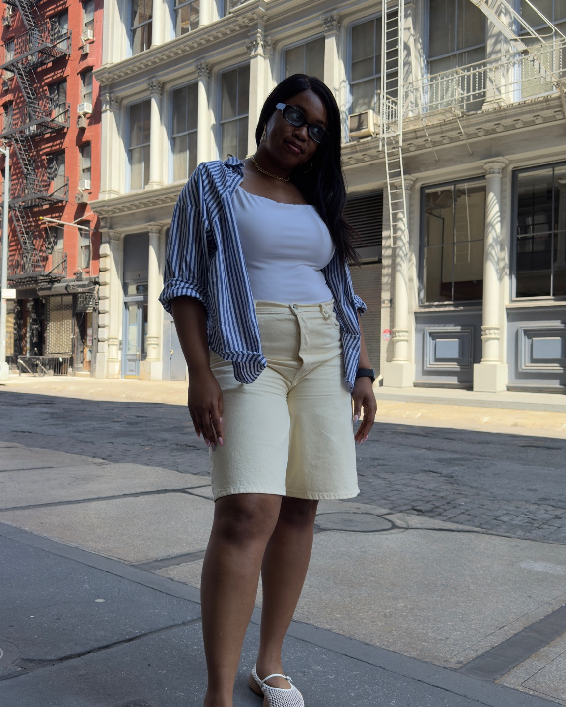 Casual hot days in SoHo ☀️ Wearing my favorite new denim Bermuda shorts from Banana Republic. I then paired them
With a comfy boat neck bodysuit, a stripped button up, my mesh sneaker flats from @Steve Madden US for an effortless comfy cool girl chic look.

Size 12 in shorts
I sized up on shoes to an 11 b/c they run a bit small.

#LTKootd #LTKSeasonal #LTKMidsize