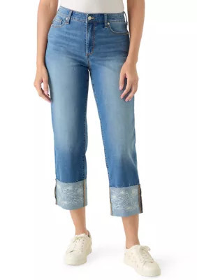 Wonderly Women's High Rise Cuffed Embroidered Cropped Jeans | Belk