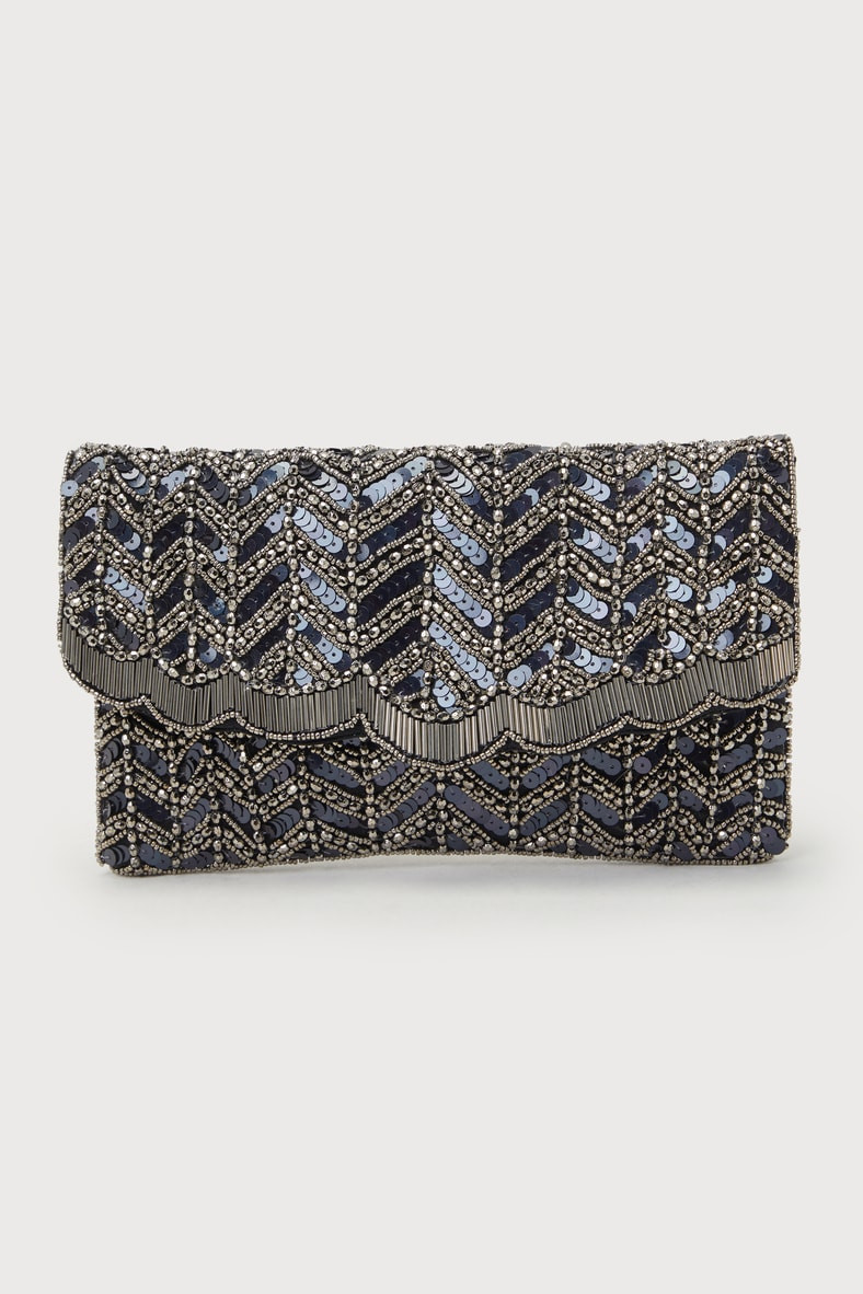 Deluxe Aesthetic Black Sequin Beaded Scalloped Clutch | Lulus