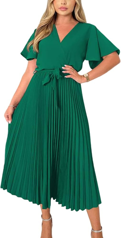 PRETTYGARDEN Women's Wrap V Neck Satin Dress Ruffle Short Sleeve Tie Waist Midi Dress Pleated A-L... | Amazon (US)