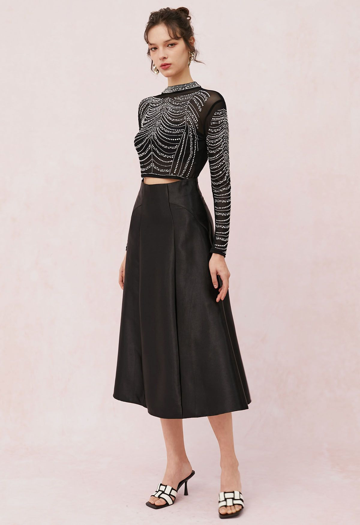 Rhinestone Embellished Soft Mesh Crop Top in Black | Chicwish