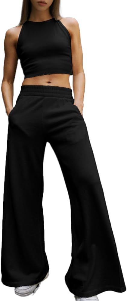 Glamaker Women's 2 Piece Lounge Sets Ribbed Sleeveless Crop Tank Top Wide Leg Pants Loungewear Tr... | Amazon (US)