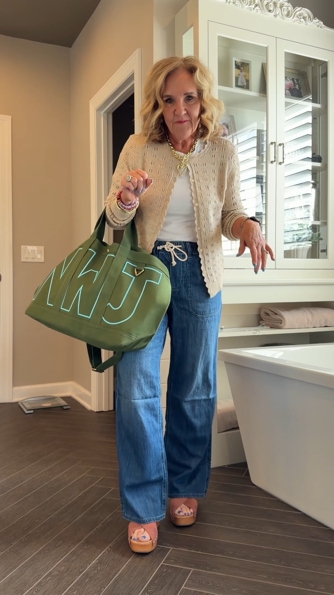 Drawstring jeans restocked! Wearing a 29 reg. Unfortunately the sweater is limited in the tan. Will link similar. 

White tee size medium 
Clogs size down if inbetween 
Allie & Bess bracelets & necklace 20% off code NANETTE20

#LTKSaleAlert #LTKOver40 #LTKootd #LTKgrwm