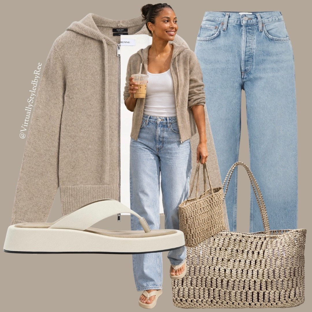 Effortless everyday outfit alert! This oatmeal zip-up is giving cozy meets chic, paired perfectly with a classic white tank and denim. Finished off with platform flip flops and a woven straw tote for that perfect texture mix. Easy, elevated, and endlessly wearable 🤍

#LTKuk #LTKautumn #LTKeurope