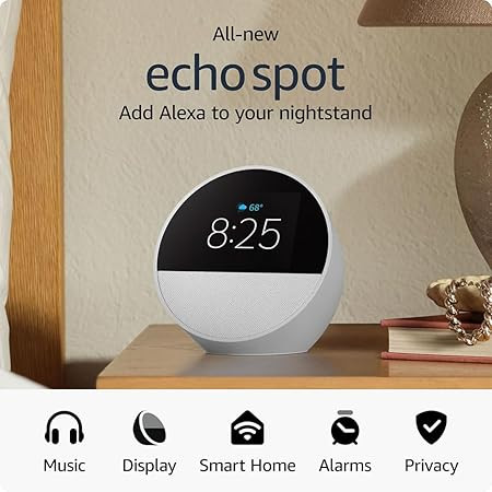 All-new Amazon Echo Spot (2024 release), Smart alarm clock with vibrant sound + Alexa, Glacier Wh... | Amazon (US)