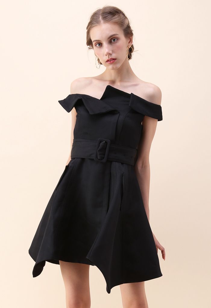 Asymmetric Beauty Off-Shoulder Dress in Black | Chicwish