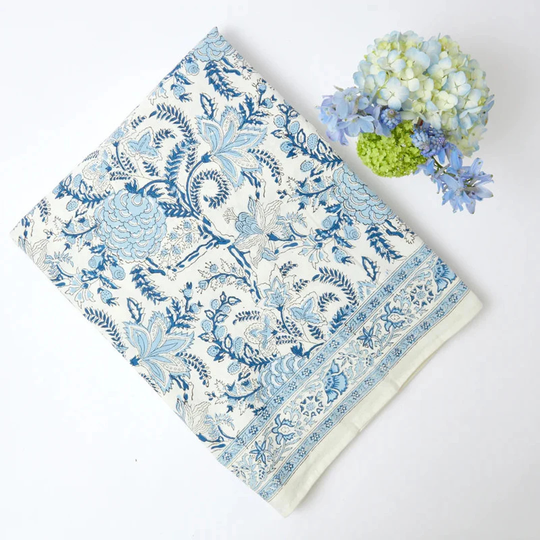 Blue Indian Block Print tablecloth, Floral Cotton Table Cover, Table Cloth Runner Napkins Set , F... | Etsy (US)