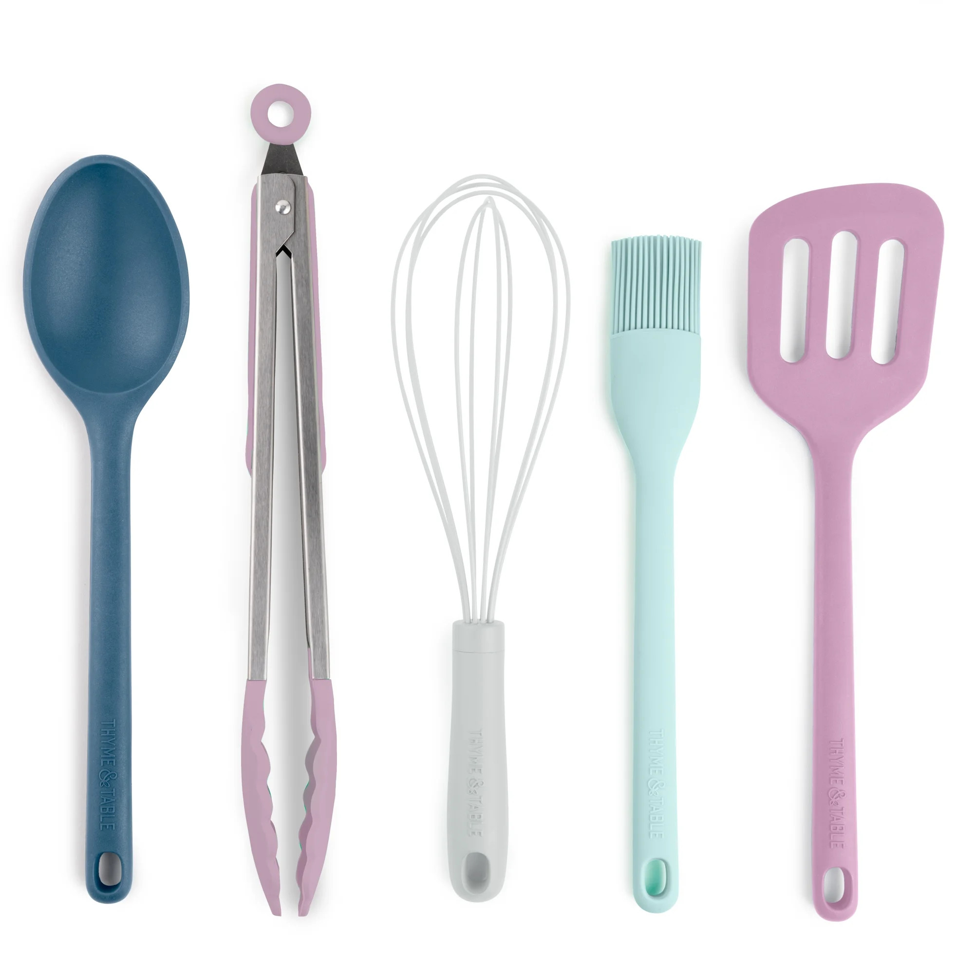 Thyme & Table Silicone Utensils, 5-Piece Set, Tongs, Basting Brush, Spatula, Turner, Spoon | Walmart (US)