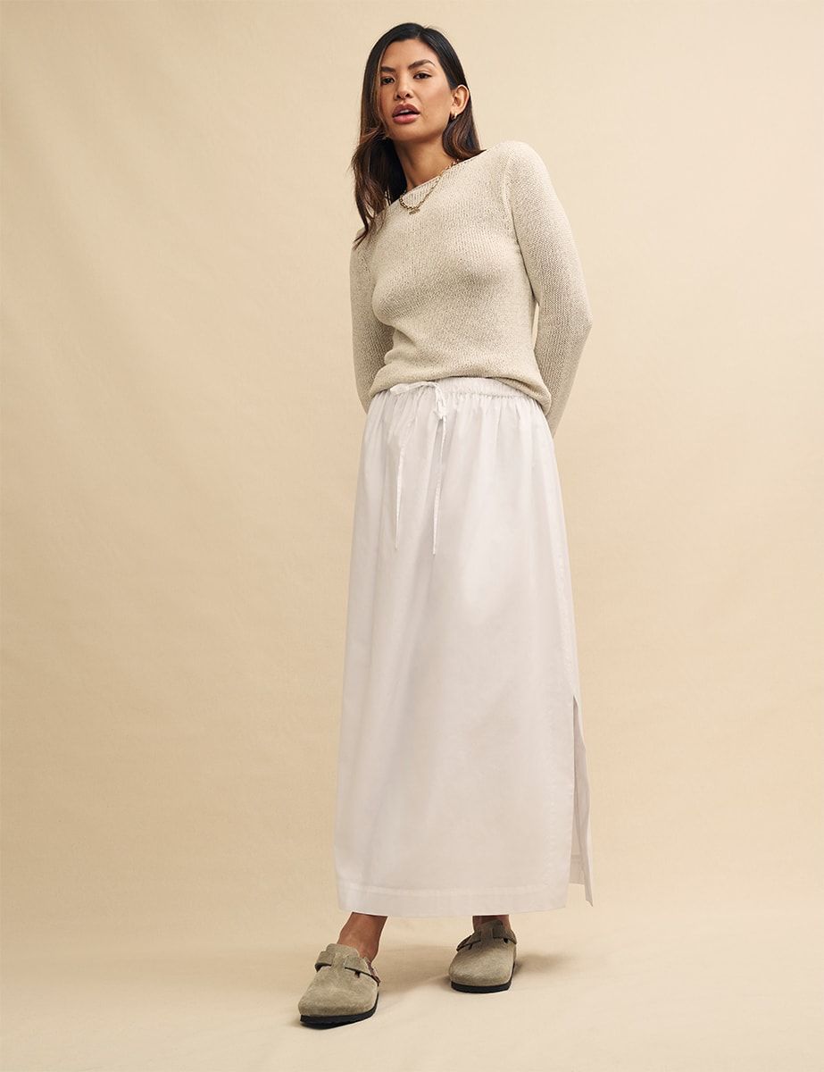 White Poplin Drawstring Midi Skirt | Nobody's Child
