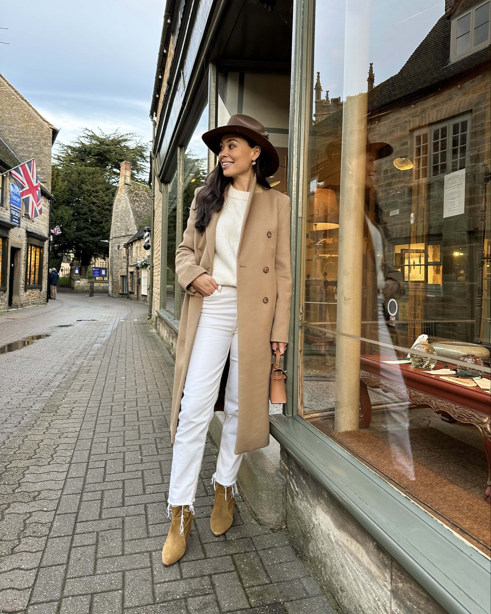 Cotswolds outfit, brown booties, Joseph double breasted coat, Kemo Sabe hat. 

#LTKStyleTip #LTKShoeCrush #LTKSeasonal
