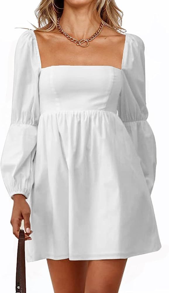 PRETTYGARDEN Women's Fall Long Puff Sleeve Babydoll Dress Casual Square Neck Elastic Waist Ruffle... | Amazon (US)