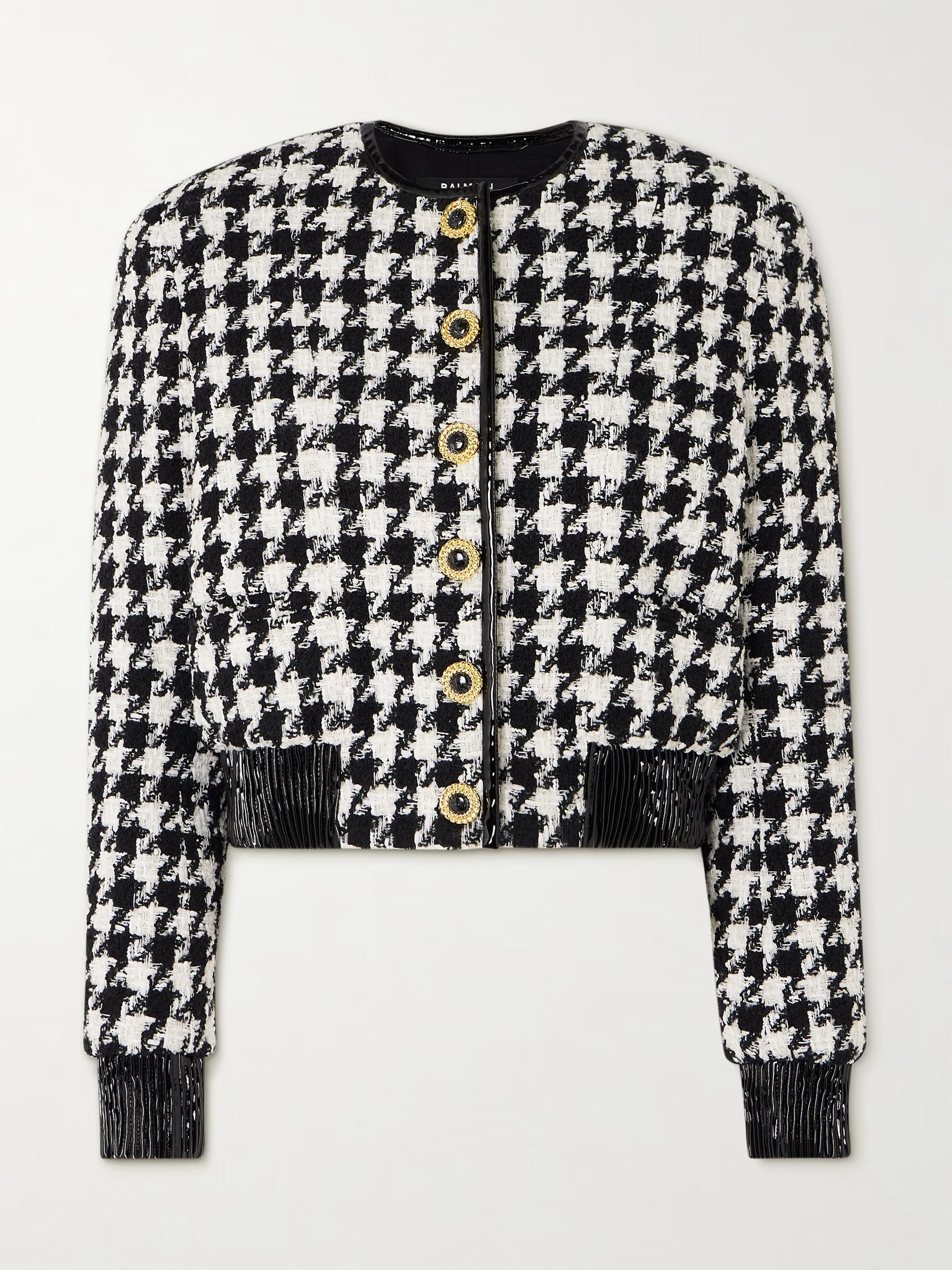 Button-embellished faux patent leather-trimmed houndstooth tweed jacket | NET-A-PORTER APAC