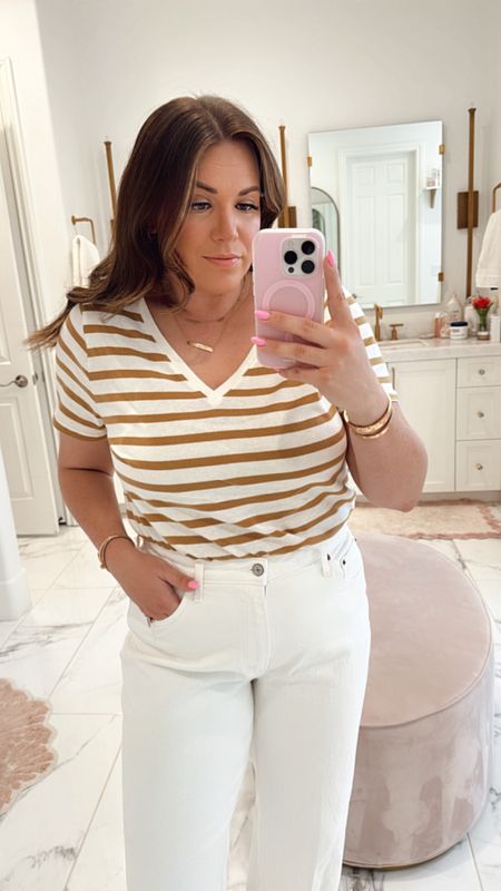 curvy casual spring outfit! wearing size large in beige and white striped tee and size 32 in white denim 

#LTKmidsize #LTKfindsunder100 #LTKSeasonal