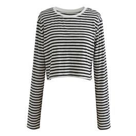 Cropped Long Sleeves Stripes Knit Top in Black | Chicwish