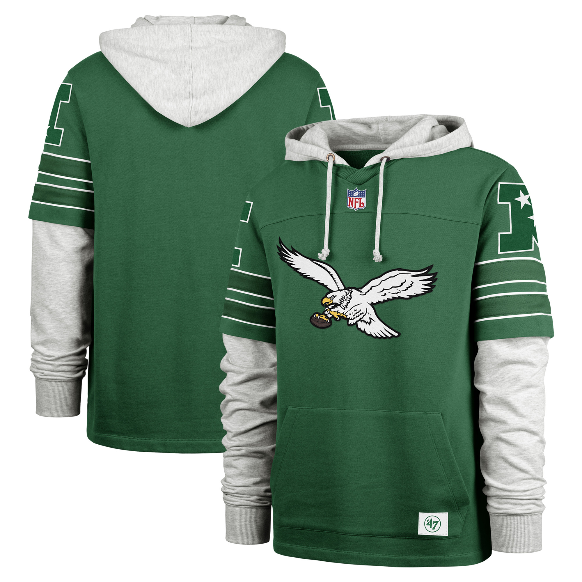 Men's '47 Kelly Green Philadelphia Eagles Double Header Blitz Throwback Cornerback Pullover Hoodie | Fanatics