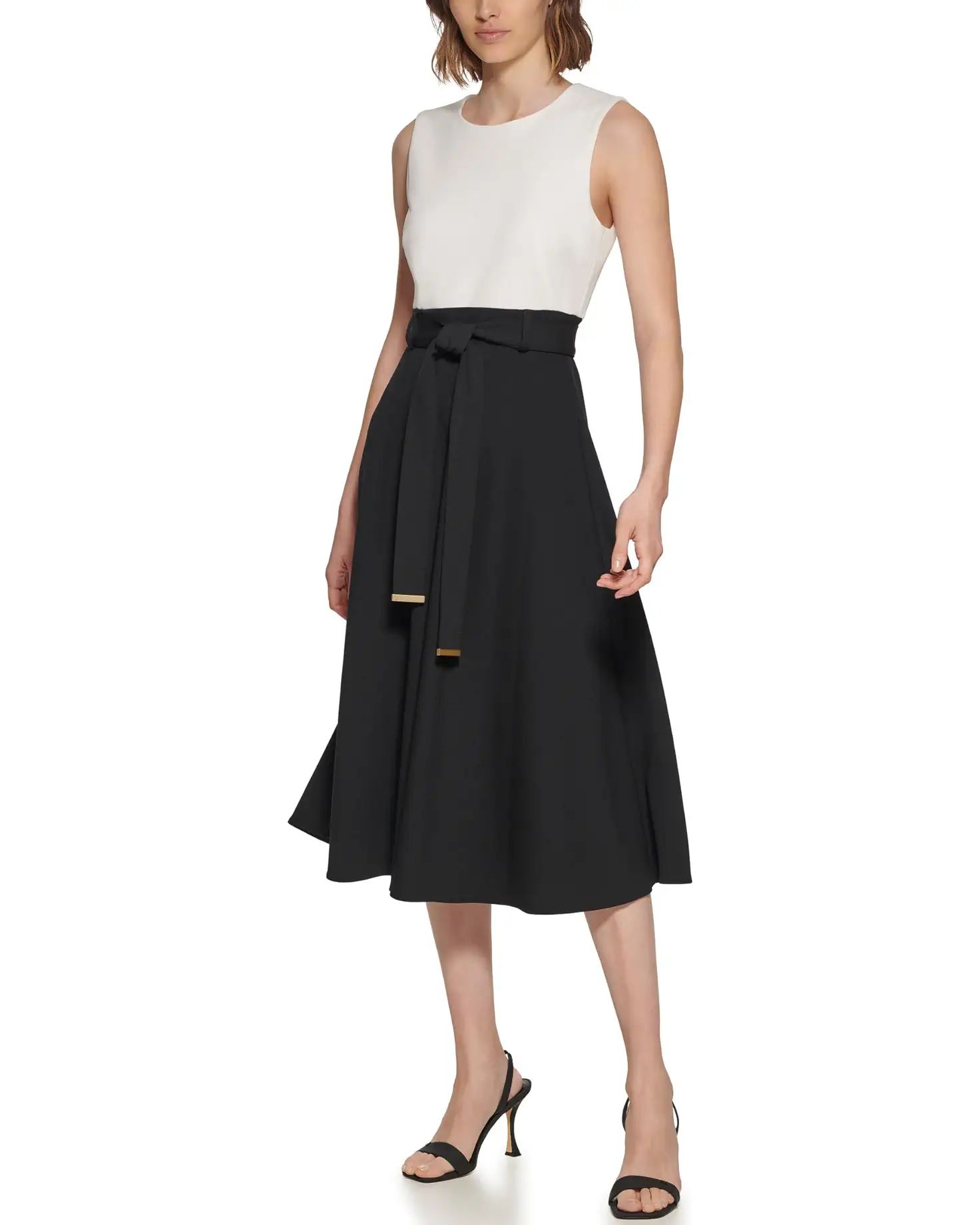 Calvin Klein Two-Tone Midi A-Line Dress with Belt | Zappos