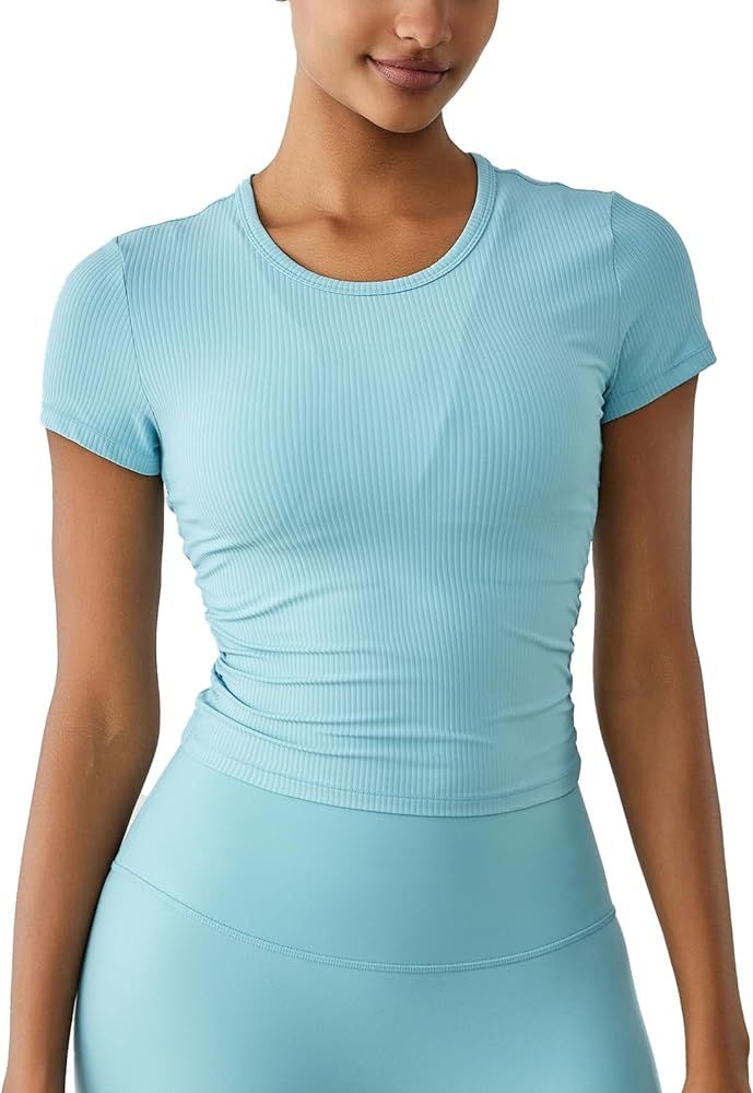 Amazon.com: altiland Ribbed High Neck Workout T-Shirts for Woman, Cropped Athletic Tops for Gym Y... | Amazon (US)