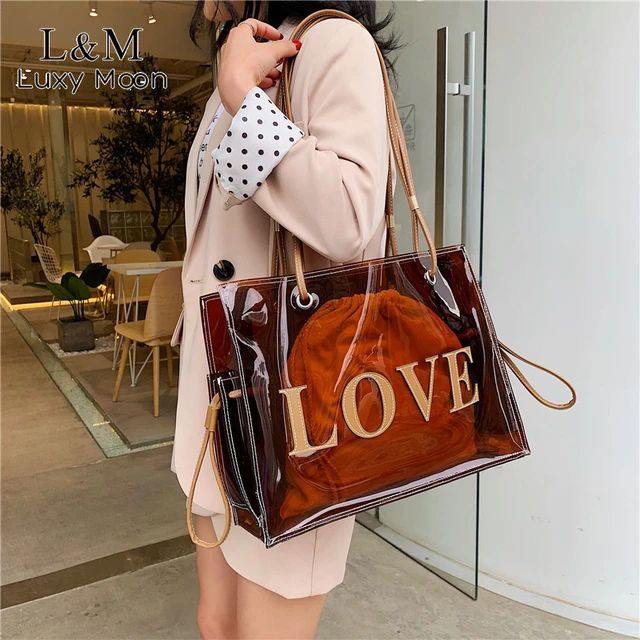 Women Fashion Transparent PVC Handbag Female Clear Brown Shoulder Bag LOVE Letter Printing Tote B... | AliExpress (US)