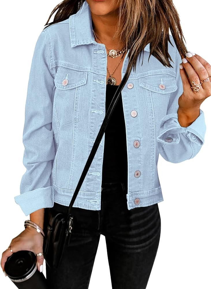 GRAPENT Women's Basic Button Down Long Sleeve Stretchy Jean Trucker Denim Jacket | Amazon (US)