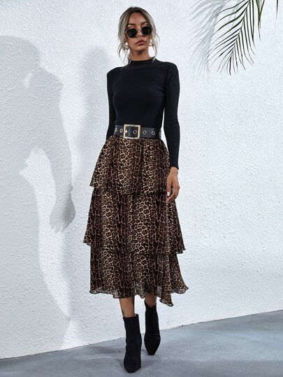 Cheetah Print Tiered Layer Skirt Without Belt | SHEIN