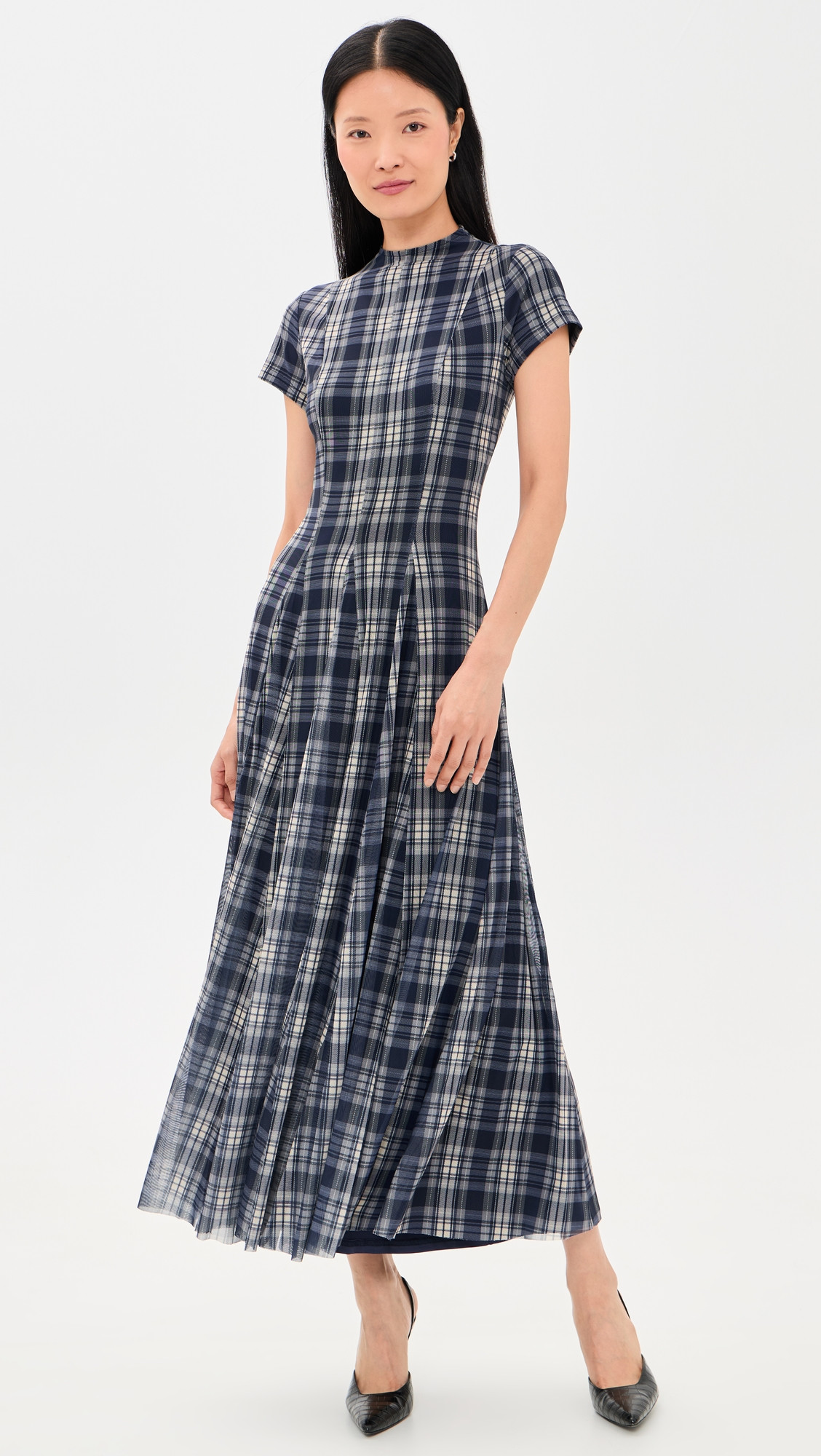 Another Girl Mesh Check Godet Maxi Dress Navy/Cream S | Shopbop
