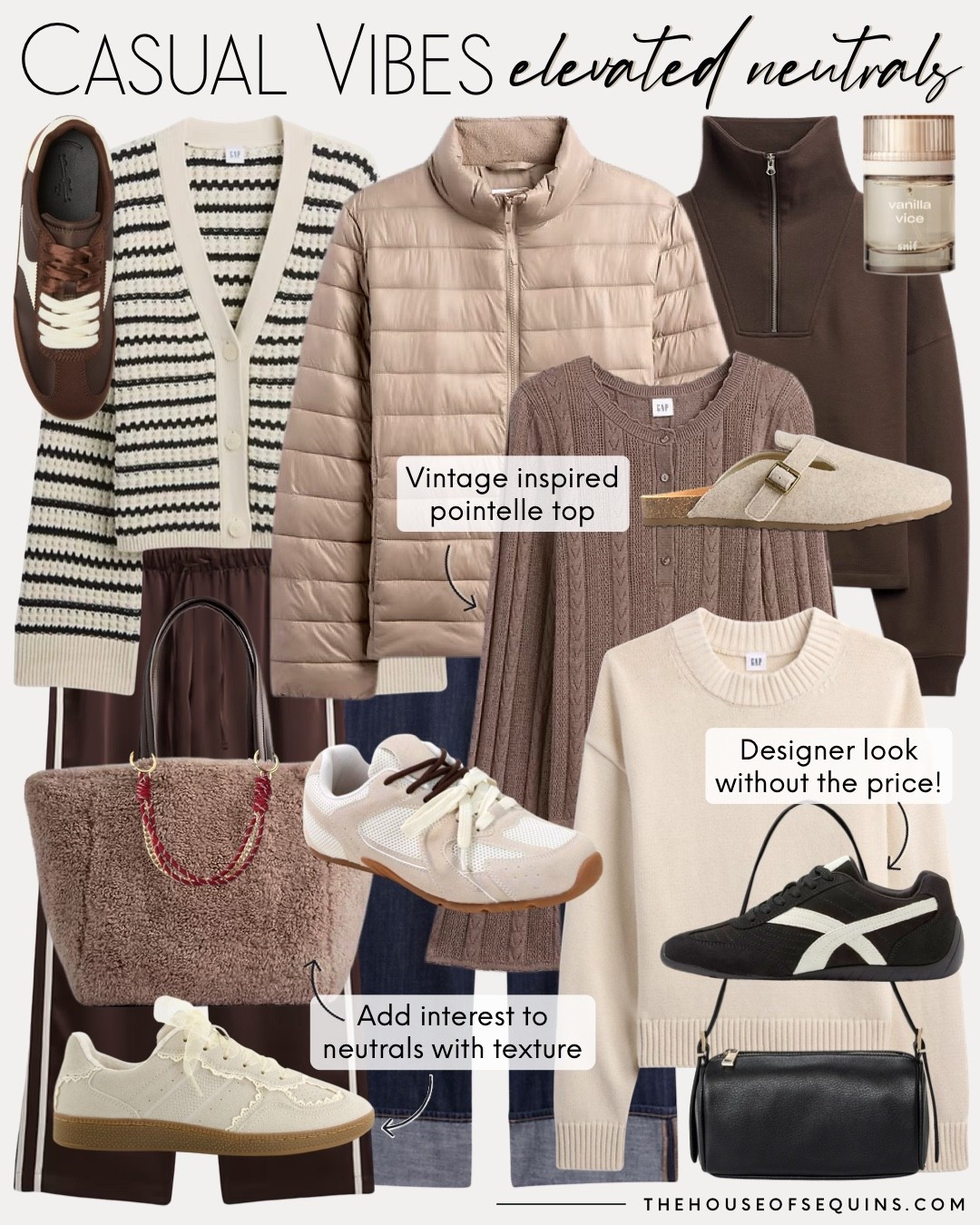 Shop neutral fall outfits! Casual fall outfits, quilted jacket, cuffed jeans, , Sherpa tote bag, lace sneakers, barrel bag, pointelle Henley, crew sweater, designer inspired sneakers, Birkenstock clogs look for less, puffer bag, slingback flats, faux suede bag, leopard jeans, waffle knit, satin pants, satin track pants, cardigan, gap logo sweatshirt and more! 

#LTKFindsUnder50 #LTKShoeCrush #LTKItBag
