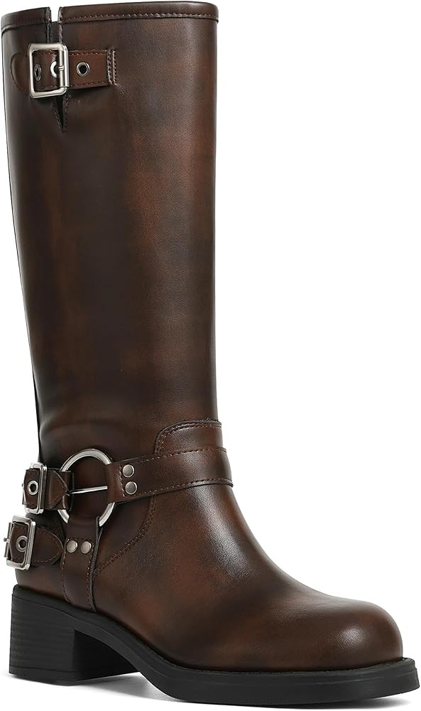 AMINUGAL Knee High Boots Women Square Toe Pull On Boots Wide Calf Riding Boots Fashion Buckles Ch... | Amazon (US)